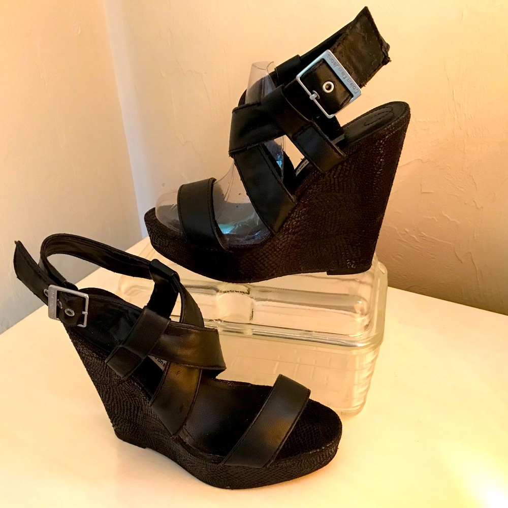Calvin Klein Black Platform Wedge Leather Heels 6